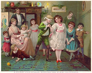 Family playing blind mans buff on a Christmas card Family playing blind mans buff on a Christmas card