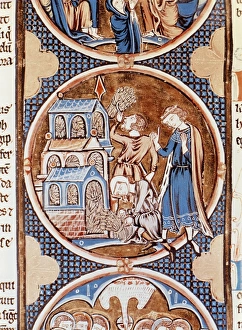 Farmers storing grain in a barn. 13th century Farmers storing grain in a barn. 13th century