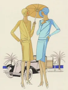 Prints of Two women wear creations by Chantal of Paris - one a woollen serge tailor-made for morning wear, her companion a day frock in two shades of crepe de Rome Fashion Prints: Two Dressed Print: Women in Parisian Fashion