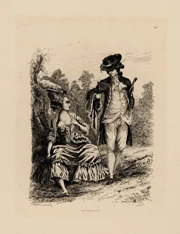 Fashionable man and woman playing in the Bois de Boulogne Fashionable man and woman playing in the Bois de Boulogne
