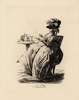 Fashionable woman drinking coffee, era of Marie Antoinette Fashionable woman drinking coffee, era of Marie Antoinette