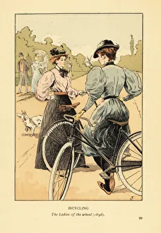 Fashionable women riding bicycles in a park, 1896 Fashionable women riding bicycles in a park, 1896