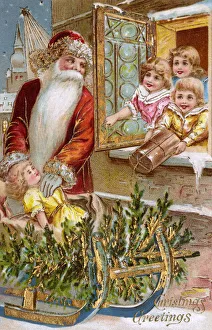 Father Christmas distributing gifts to the town children Father Christmas distributing gifts to the town children