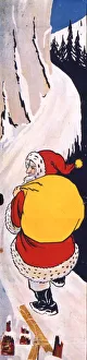 Father Christmas on a mountain path in the snow Father Christmas on a mountain path in the snow