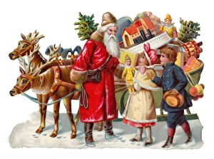 Father Christmas with sleigh on a Victorian scrap Father Christmas with sleigh on a Victorian scrap