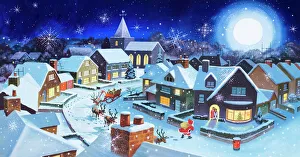 Father Christmas in snowy, starry village Father Christmas in snowy, starry village