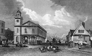 Prints of A flock of sheep in the main street of Faversham, Kent. Date: 1830 Faversham Prints: Faversham Street Scene Print, 1830