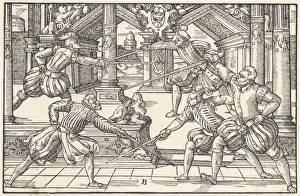 Fencing Print 1570: Men Engage in Swordplay