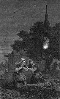 Print of Two Women Disturbed by a Feu Follet in a French Churchyard, 1877