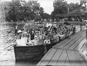 Prints of The first large pleasure boat launch on the lake at Finsbury Park, north London, England Lake Prints: Finsbury Park Boaters Print, North London Launch 1900