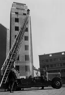 London Fire Brigade HQ Prints: Fire engine and drill tower, LFB HQ, Lambeth