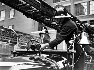 Vintage Fire Engine Prints: Two firefighters with fire engine