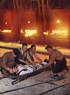 First-aid party training in Furnace Room of an Iron Foundry First-aid party training in Furnace Room of an Iron Foundry