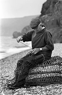 Fisherman, wicker lobster pot, Seaton Fisherman, wicker lobster pot, Seaton