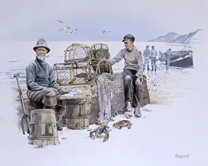 Fishermen by the sea with lobster/crab pots Fishermen by the sea with lobster/crab pots