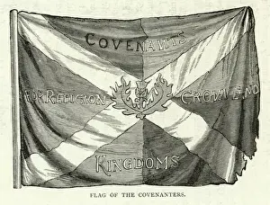 Prints of The Flag of the Scottish Covenanters. They were Presbyterians sworn to defend their religion, part of a Protestant effort to seize power in Scotland against the English Related Prints: Print of the Flag of the Scottish Covenanters