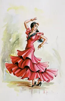 Prints of A Flamenco dancer in a red dress strikes a commanding pose Spain Prints: Flamenco Dancer Print - Red Dress Pose