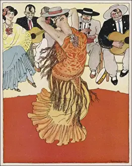 Prints of A female dancer accompanied by guitars and singers who also keep the rhythm by clapping Music Prints: Flamenco Dancer Print