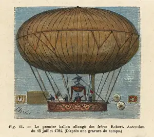 Handcolored Engravings Art Prints: Flight of a dirigible hydrogen balloon by