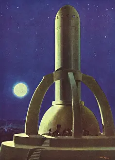 Futuristic Space Travel Prints: Flights into the Future - technicians inspecting space ship