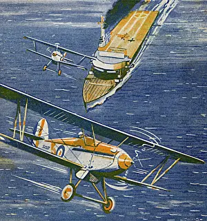 Prints of A fleet of Blackburn Darts aeroplanes take off from an aircraft carrier in the middle of the sea. Date: 1932 West Lothian Prints: Blackburn Darts Take Off from Aircraft Carrier Print 1932