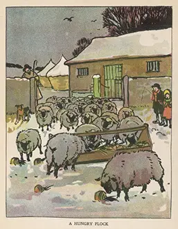 Prints of A flock of sheep in the snow, eating from a trough while the shepherd and two children watch Snow Sheep Prints: Flock of Sheep in Snow Print