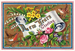 Flowers and birds on a New Year card Flowers and birds on a New Year card