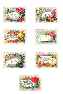 Flowers with greetings on seven Victorian scraps Flowers with greetings on seven Victorian scraps