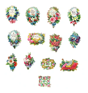 Flowers with greetings on thirteen romantic Victorian scraps Flowers with greetings on thirteen romantic Victorian scraps