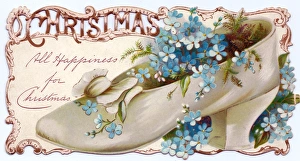 Flowers growing in a shoe on a Christmas card Flowers growing in a shoe on a Christmas card