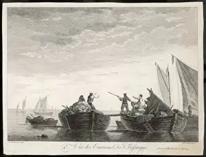 Print of Flushing Barges with Sailor on Plank