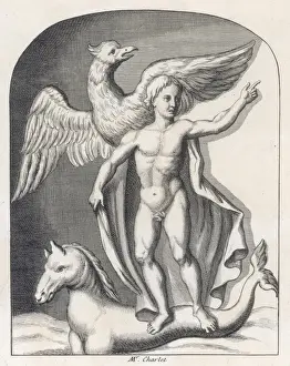 Folklore Print: Horse-Headed Sea Serpent Carries Youth with Eagle