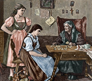 At fortune tellers house. Engraving. Colored At fortune tellers house. Engraving. Colored