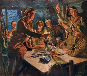 Fortunino Matania Prints: British Trench Scene Print: Soldiers Raise Glasses in 1917