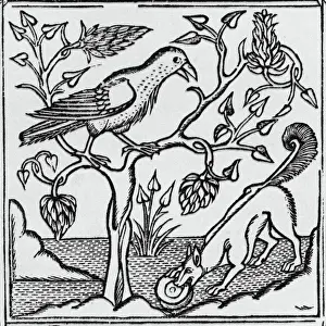 Prints of The fox and the crow. Aesops fable.Date: 15th century Crows And Jays Prints: 15th Century Print of The Fox and the Crow, Aesop's Fable