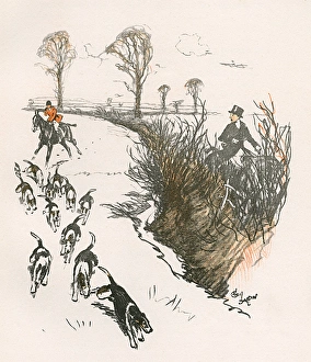 Foxhunters and hounds in pursuit of the fox Foxhunters and hounds in pursuit of the fox