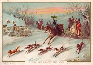 Foxhunting scene in the snow on a New Year card Foxhunting scene in the snow on a New Year card
