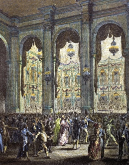 France. 18th century. Masquerade ball. Colored engraving France. 18th century. Masquerade ball. Colored engraving