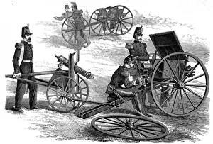 Print of the French Mitrailleuse Field Gun in Action