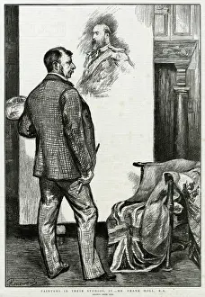 Prints of FRANK HOLL English artist of the Social Realist school at work in his studio Date: 1845 - 1888 Frank Holl Prints: Frank Holl at Work Print: English Social Realist Artist in Studio
