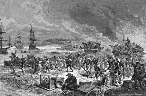 Prints of The French Acadians of Nova Scotia are deported by the English to various east coast locations Canada Prints: French Acadians Deported Print: 18th Century Engraving of Nova Scotia Exile