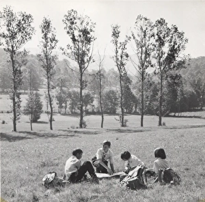 French cub scouts, three boys and a girl, in a field French cub scouts, three boys and a girl, in a field