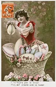 Decorated Eggs Prints: French lady with a basket of large Easter eggs