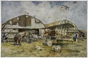 Early 20th Century Planes Prints: French Warplanes at Base