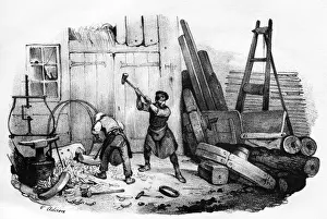 French Wheelwright Fitting Iron Hoops to a Wooden Wheel Print circa 1845