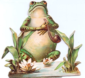 Frog with pipe and lilies on a cutout greetings card Frog with pipe and lilies on a cutout greetings card
