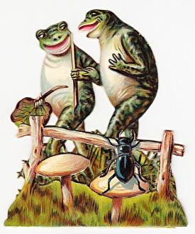 Two frogs and beetle on a cutout greetings card Two frogs and beetle on a cutout greetings card