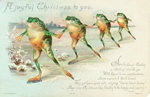 Four frogs ice skating on a Christmas card Four frogs ice skating on a Christmas card