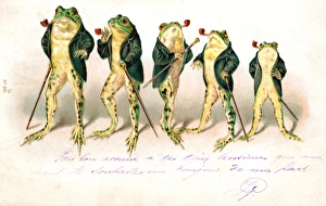 Five frogs with pipes and walking sticks on a postcard Five frogs with pipes and walking sticks on a postcard