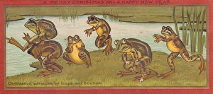 Frogs playing leapfrog on a Christmas and New Year card Frogs playing leapfrog on a Christmas and New Year card